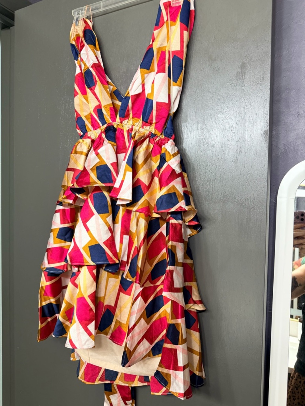 Backless Tiered Ruffle Dress in Multi-Color Geometric Print